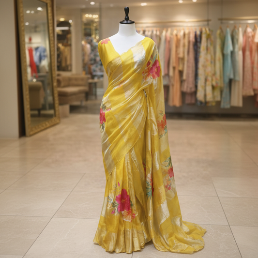 Mustard Gold Stripes Floral Appliqué Pure Tissue Organza Saree