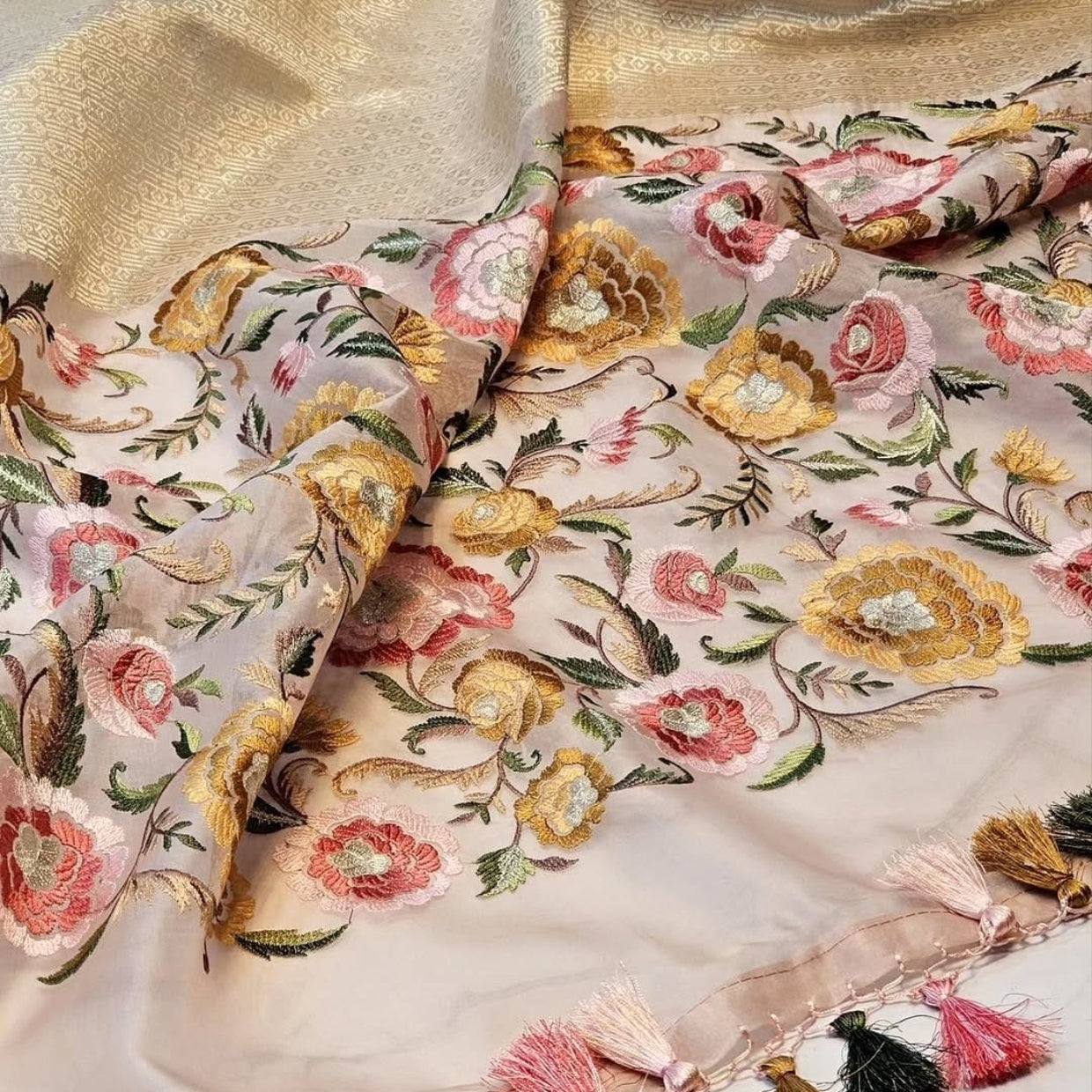 Ivory Blush Brocade Floral Embroidery Pure Organza Saree