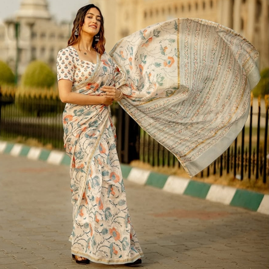Off-White Floral Chanderi Silk Cotton Saree