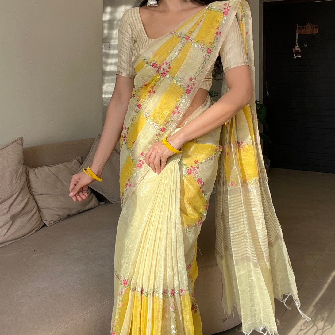 Yellow Floral Embroidery Tissue Kota Saree