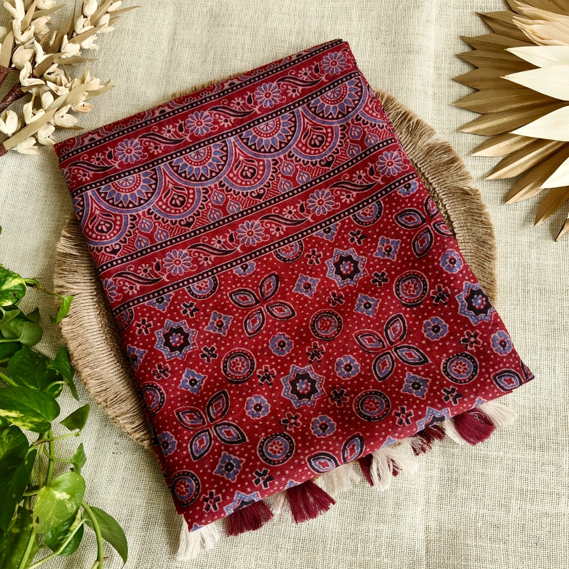 Maroon Ajrakh Printed Linen Saree