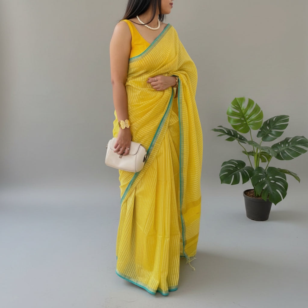 Sunshine Yellow with Blue Checked Maheshwari Silk Cotton Saree