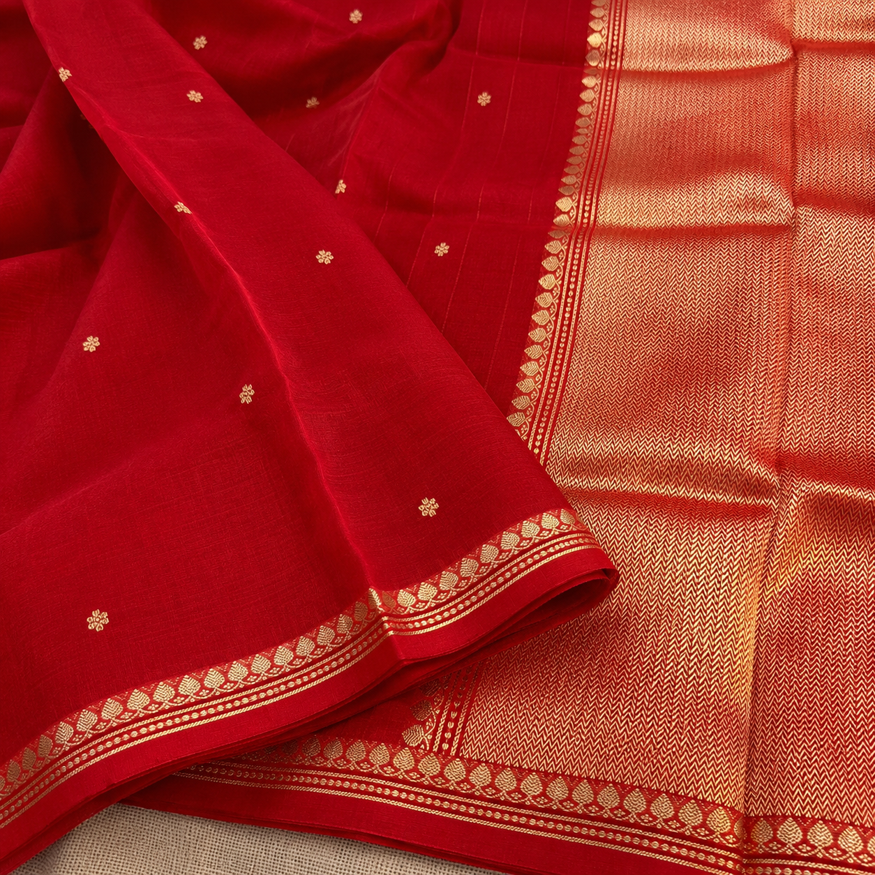 Scarlet Red Pure Kora Silk Saree