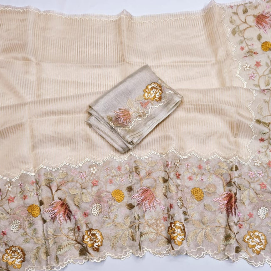 Ivory Pure Tissue with Organza Embroidery Silk Saree