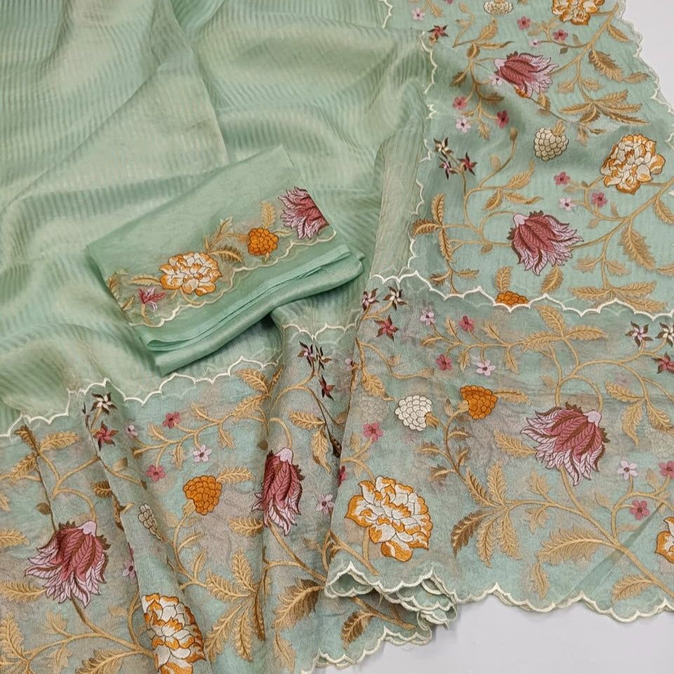Pista Green Pure Tissue with Organza Embroidery Silk Saree