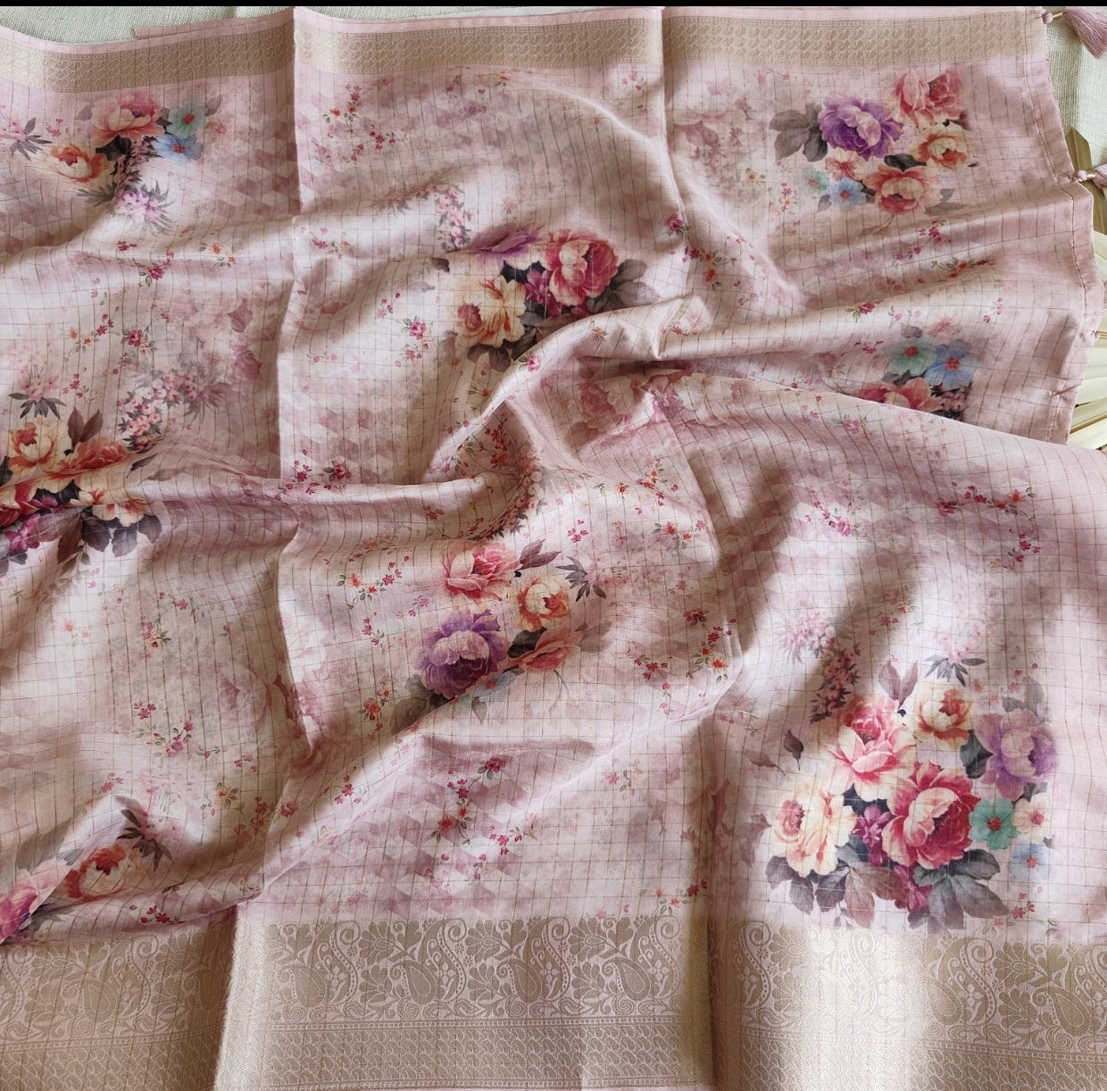 Blush Pink Floral Chappa Silk Saree