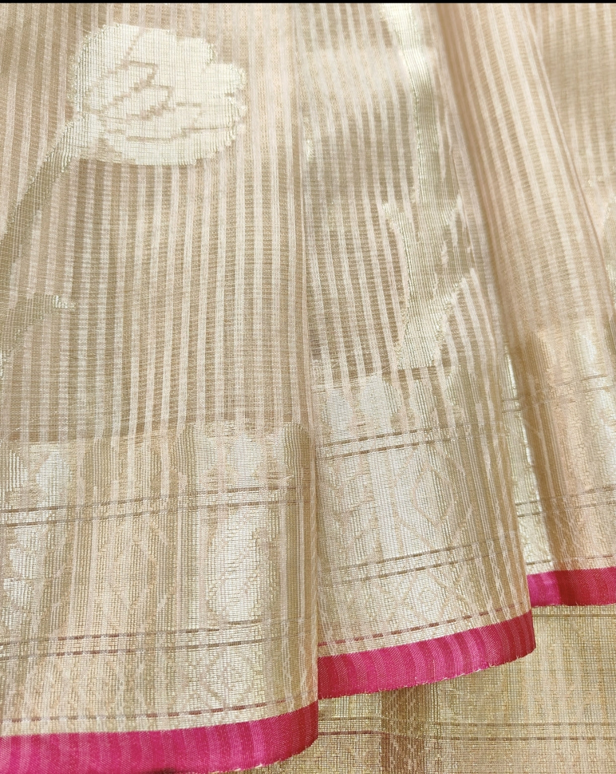 Pastel Peach Antique Gold Stripe Patola Saree