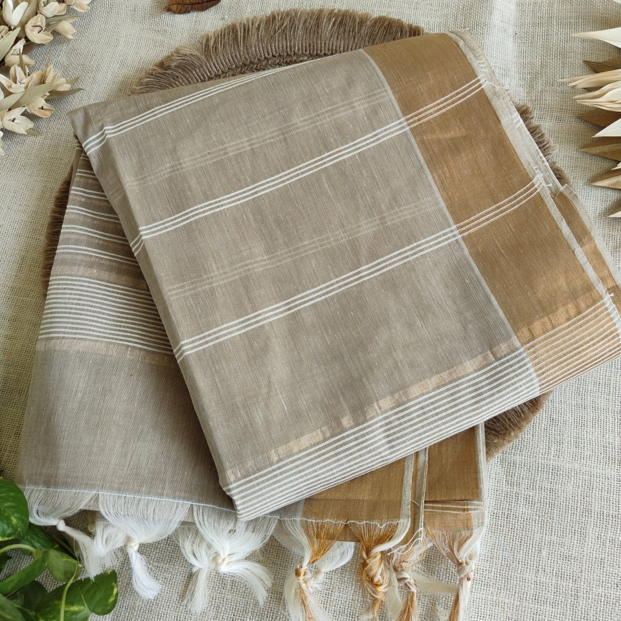 Beige Pure Jute cotton Saree