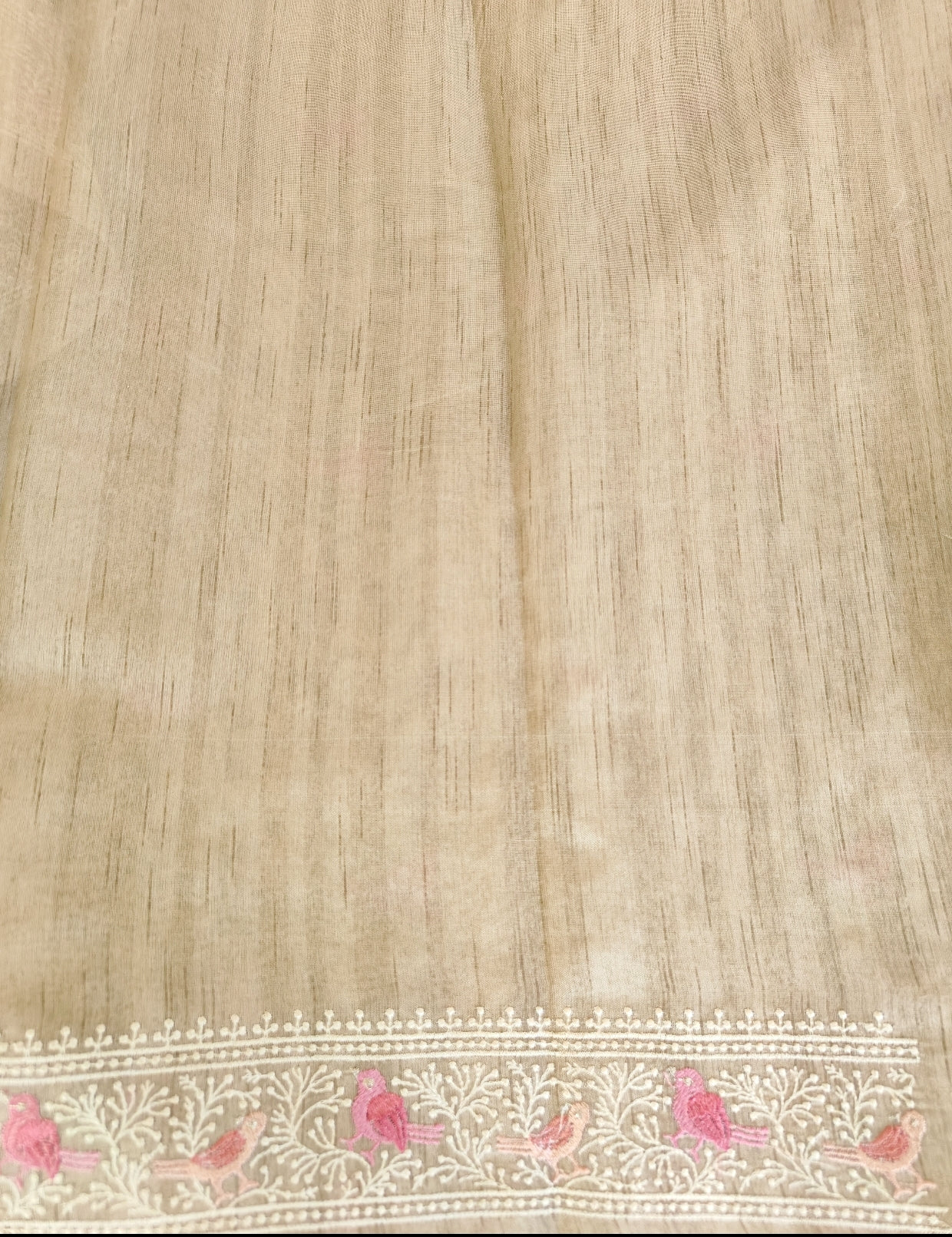 Beige Tussar Bird Embroidery Saree