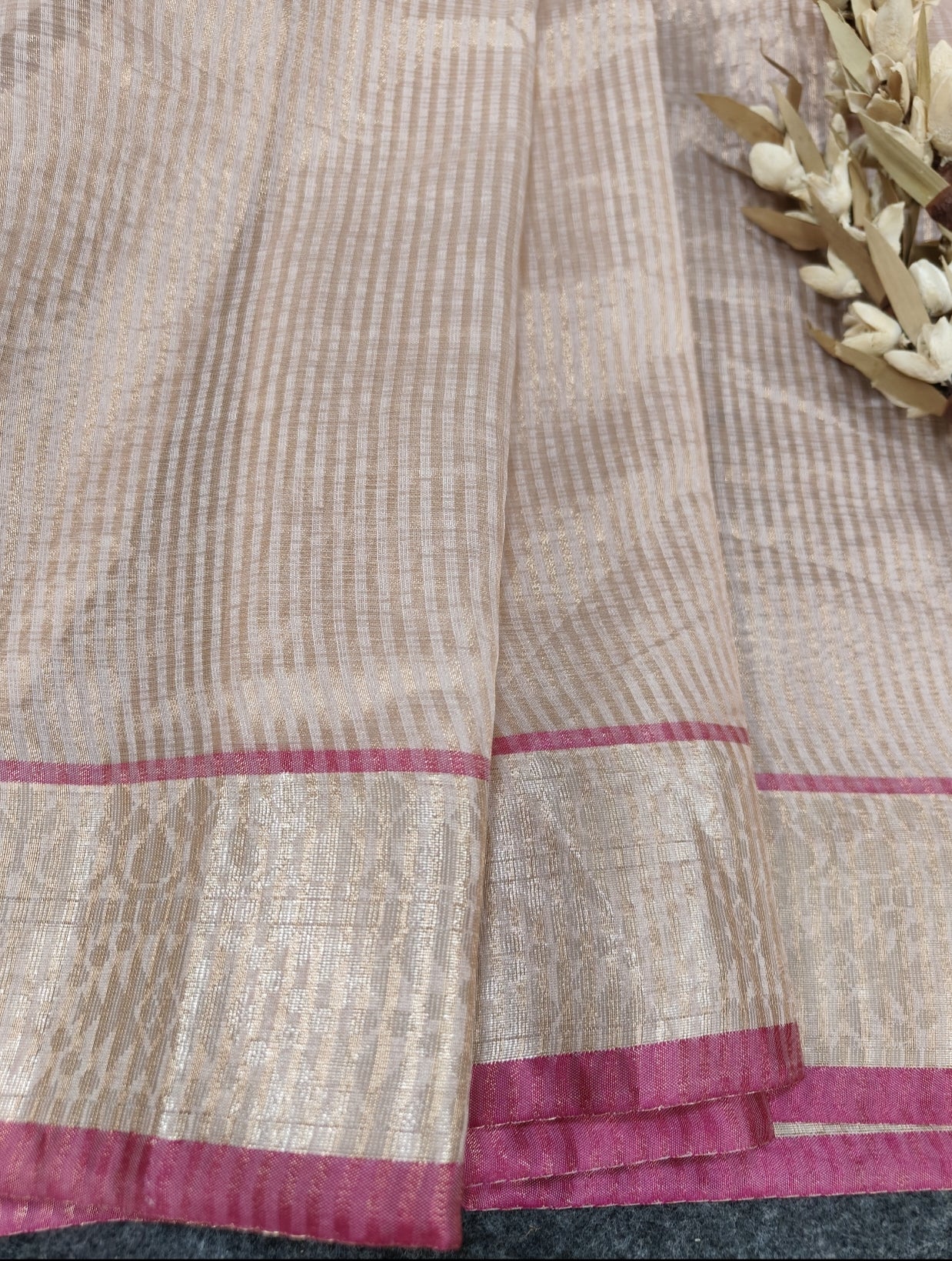 Exclusive Peach Banarasi Antique Gold Stripe Saree