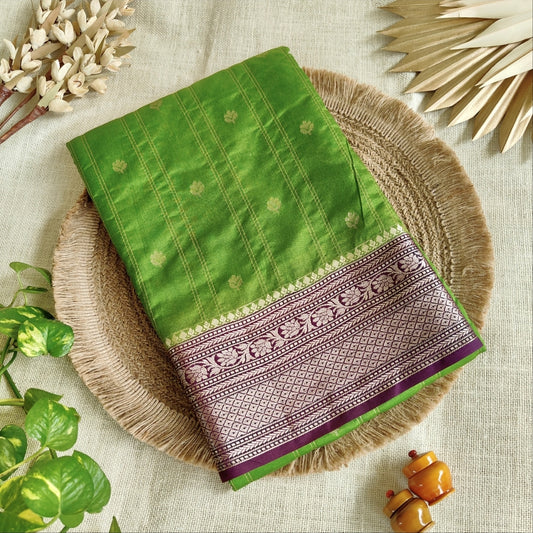 Green with Plum Silver Antique Silk Saree