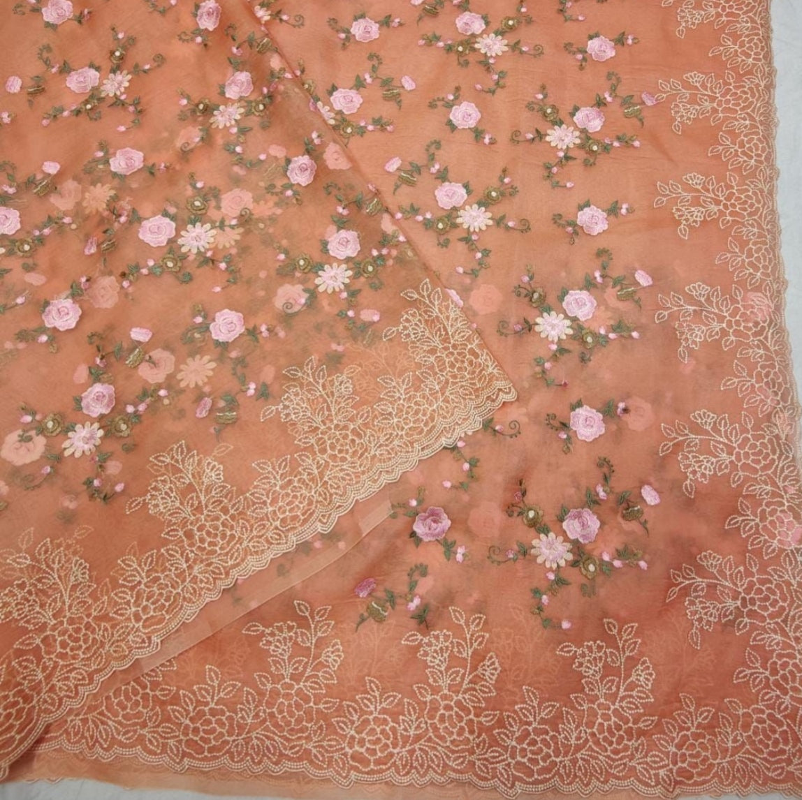 Orange Intricate Floral Embroidery Organza Saree