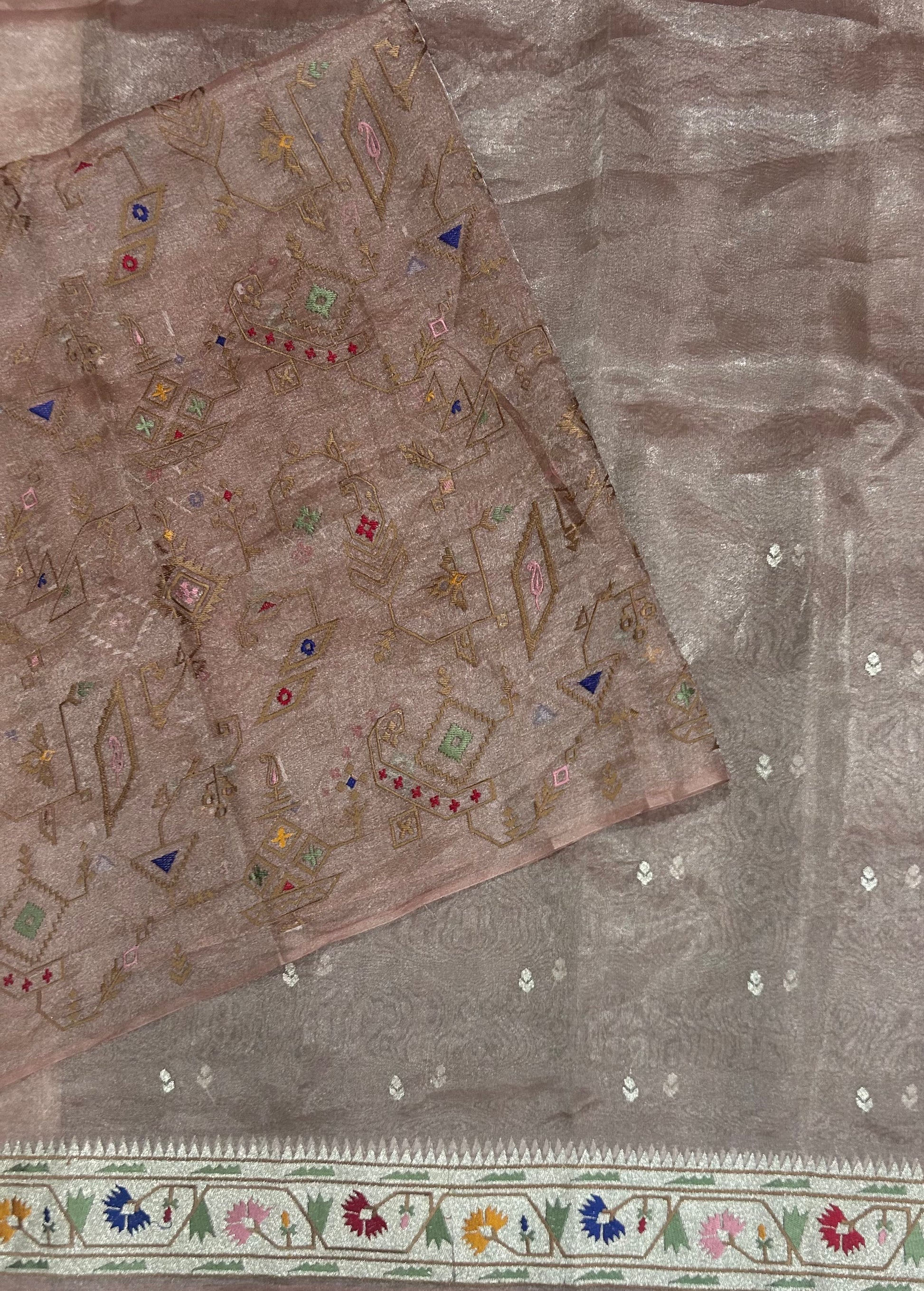 Pastel Pink Paithani Border Pure Tissue Saree