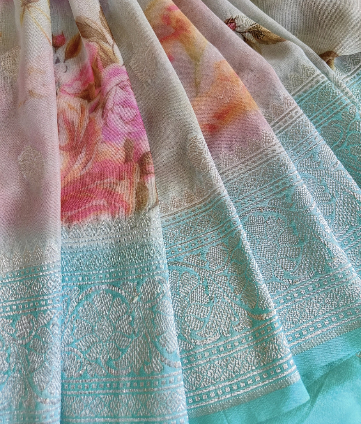 Sky Blue Pure Georgette Floral Saree
