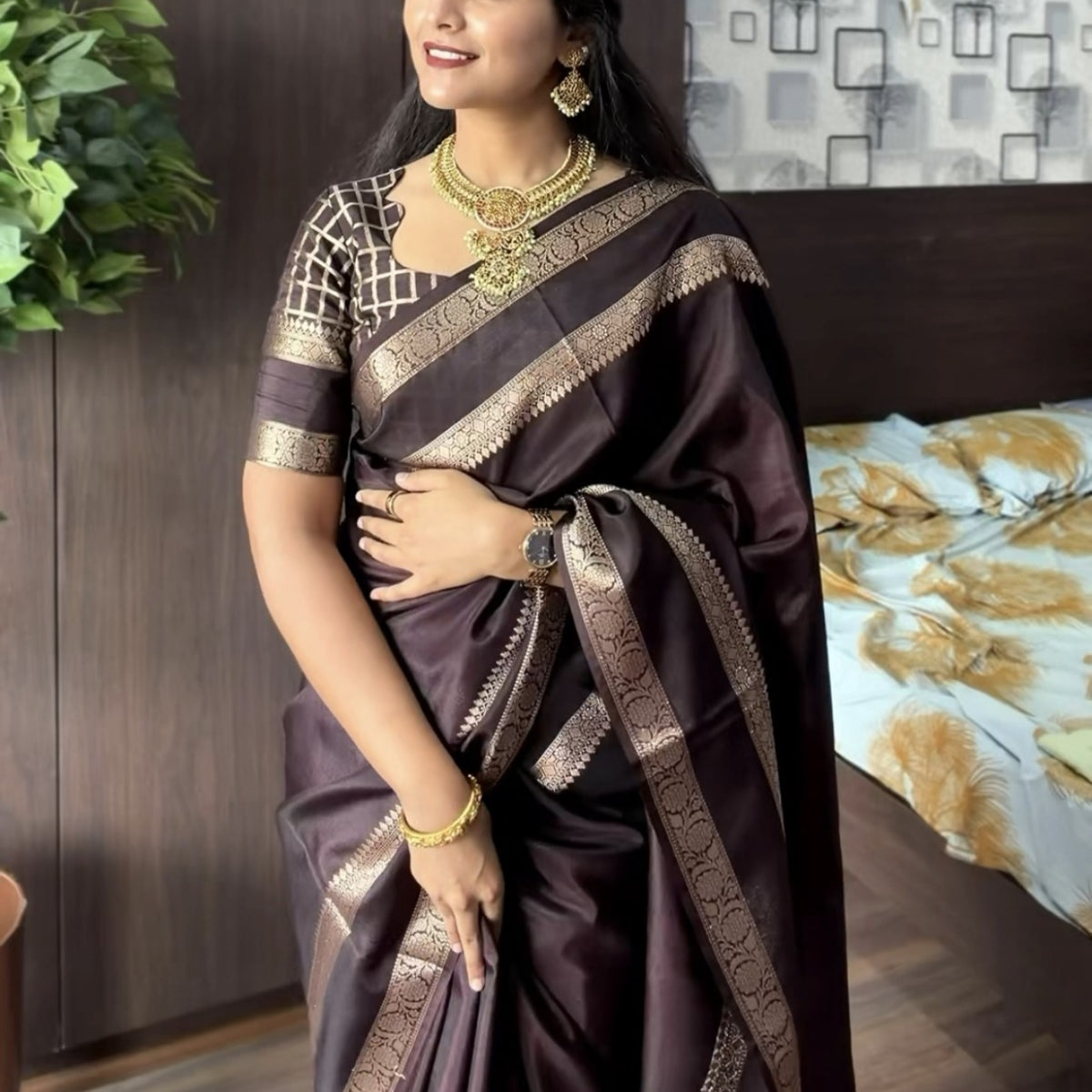 Coffee Brown Plain Raw Silk Saree Checked Blouse