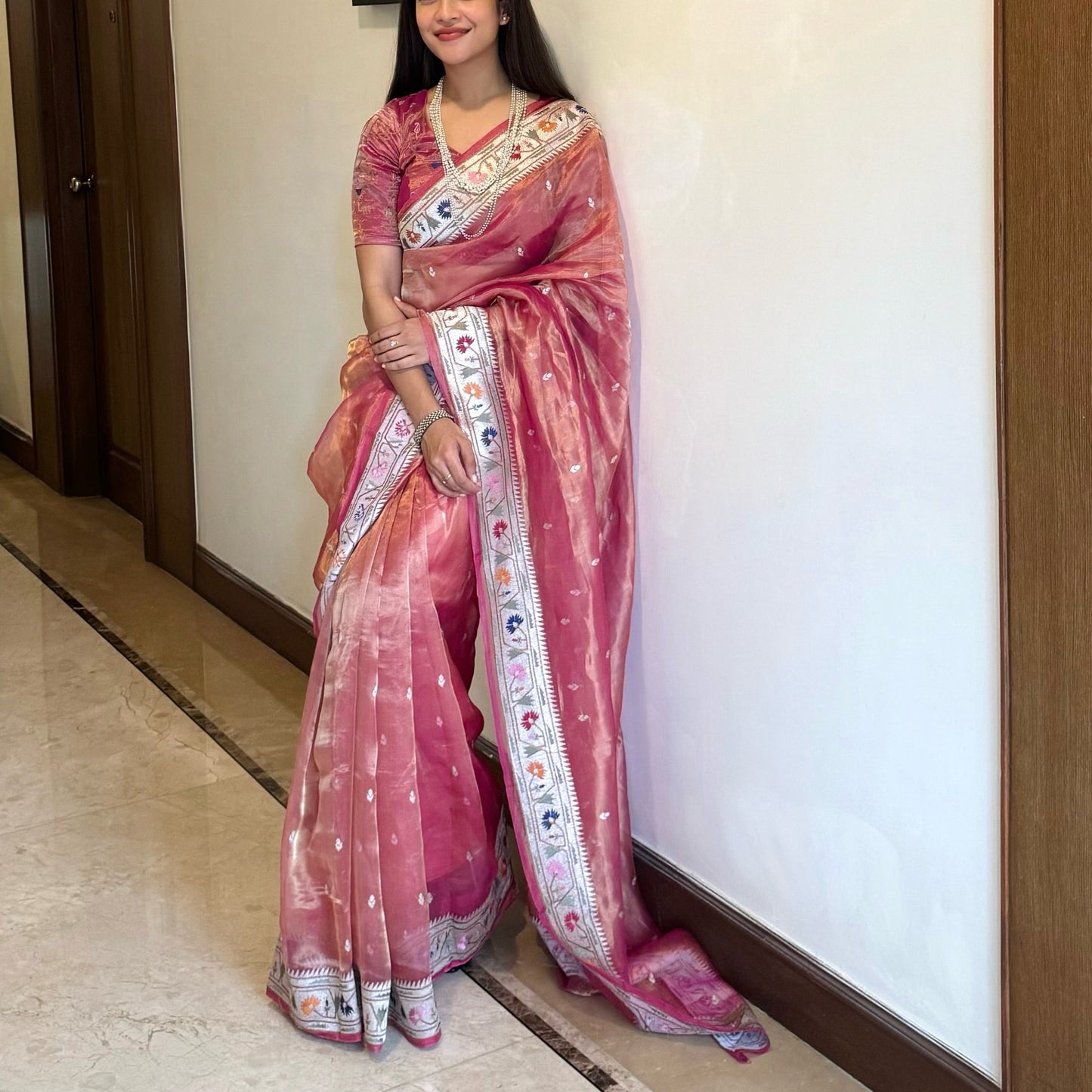 Dusty Rose Pink  Paithani Border Pure Tissue Saree