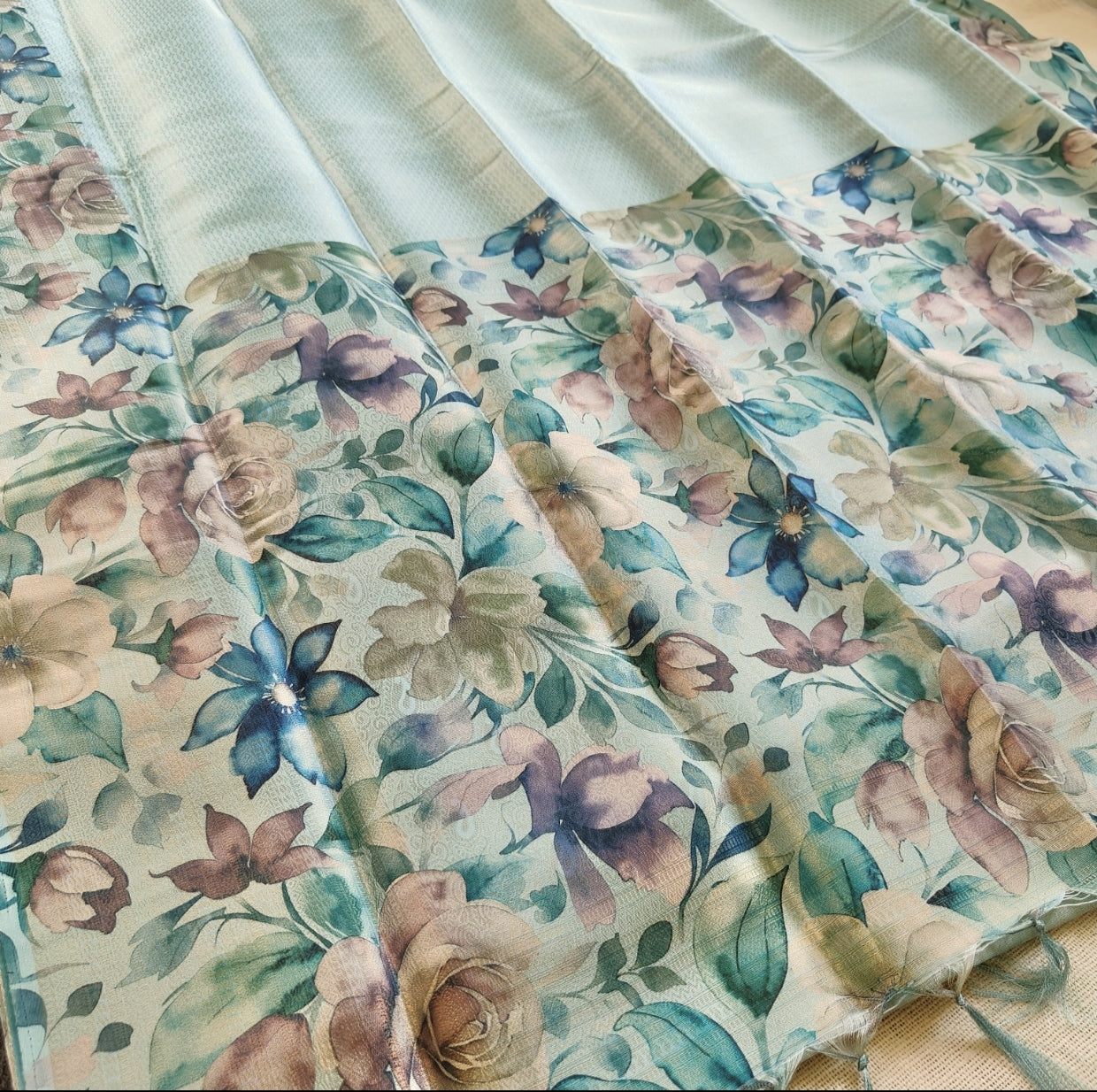 Blue Floral Malai Silk Saree