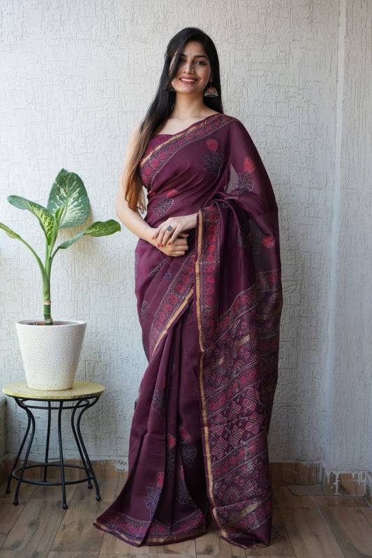 Deep Wine Chanderi Silk Cotton Saree