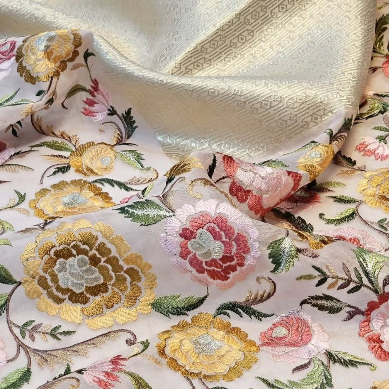 Ivory Blush Brocade Floral Embroidery Pure Organza Saree