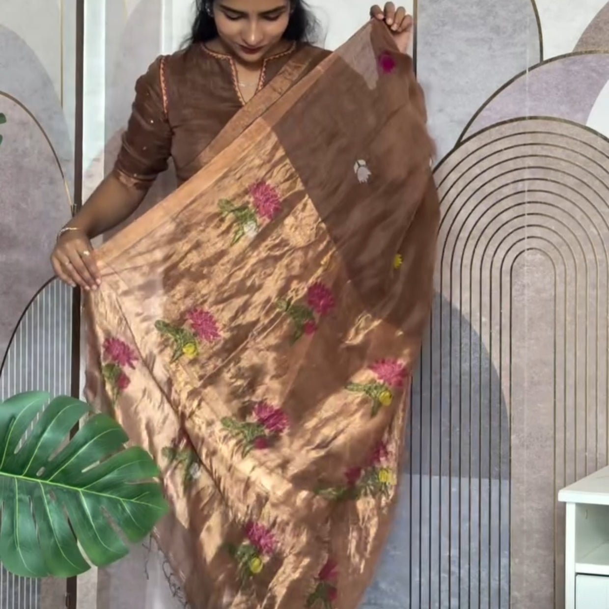 Earthy Brown Tissue Linen Lotus Jamdhani Silk Saree