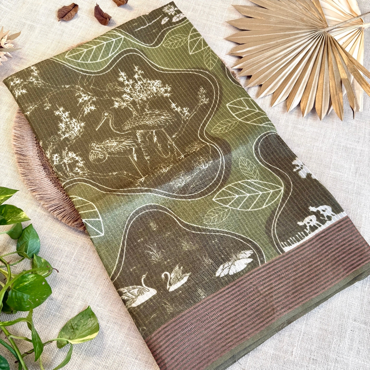 Olive Green Printed Pure Tussar Silk