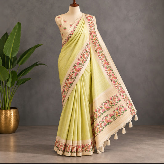 Pista Green Pichwai Semi Tussar Saree