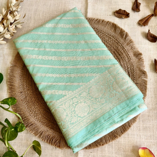 Sea Green Handloom Banarasi Diagonal Jaal Silk Saree