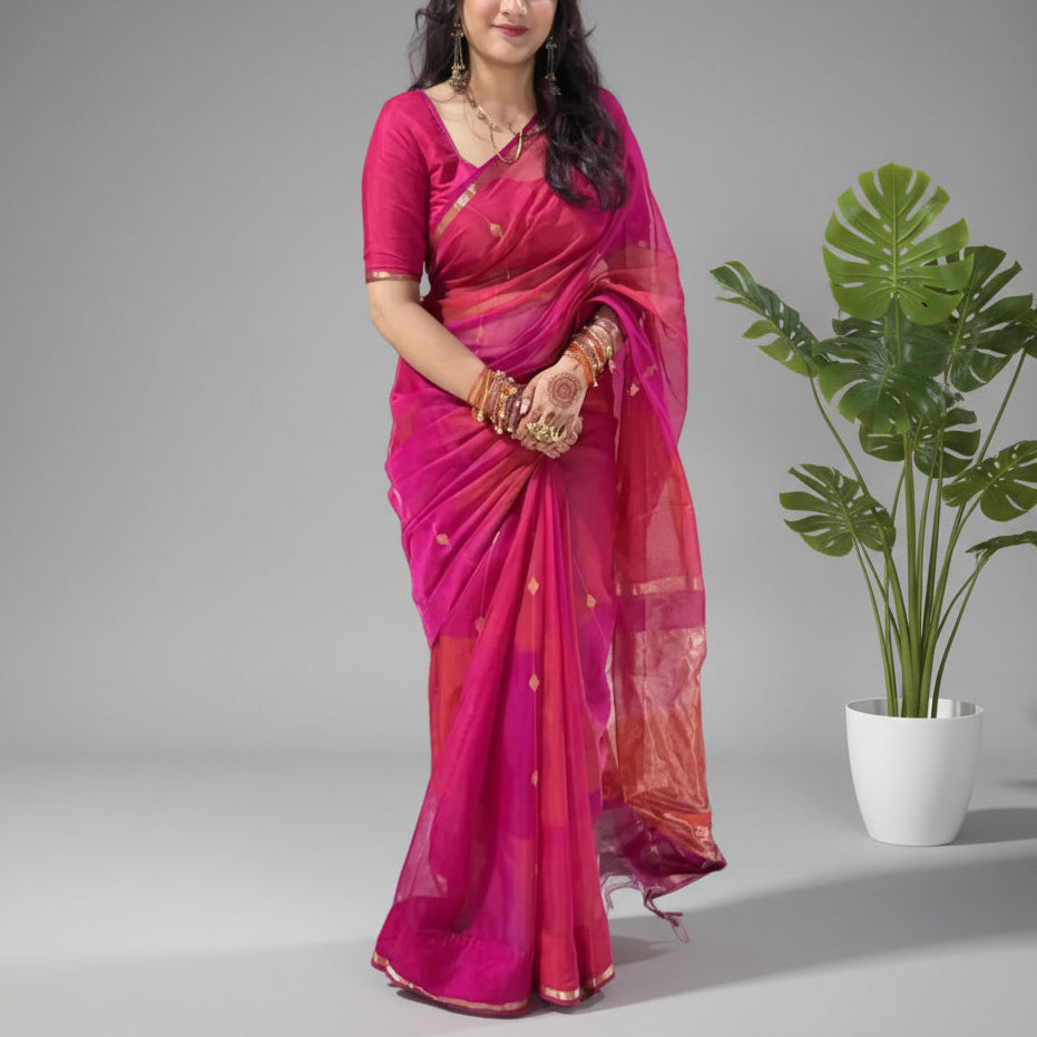 Pink with Yellow Dual Shade Maheshwari Silk Cotton Saree
