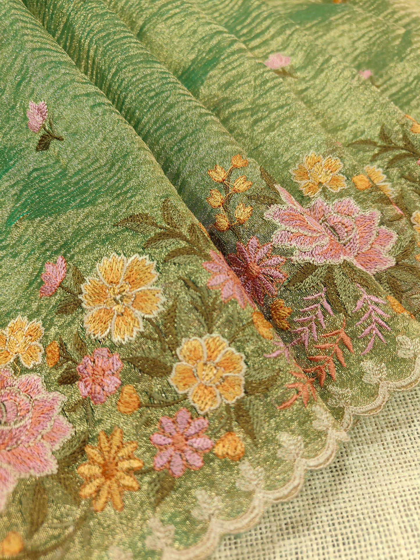 Olive Green Crush Tissue Silk Embroidery Saree