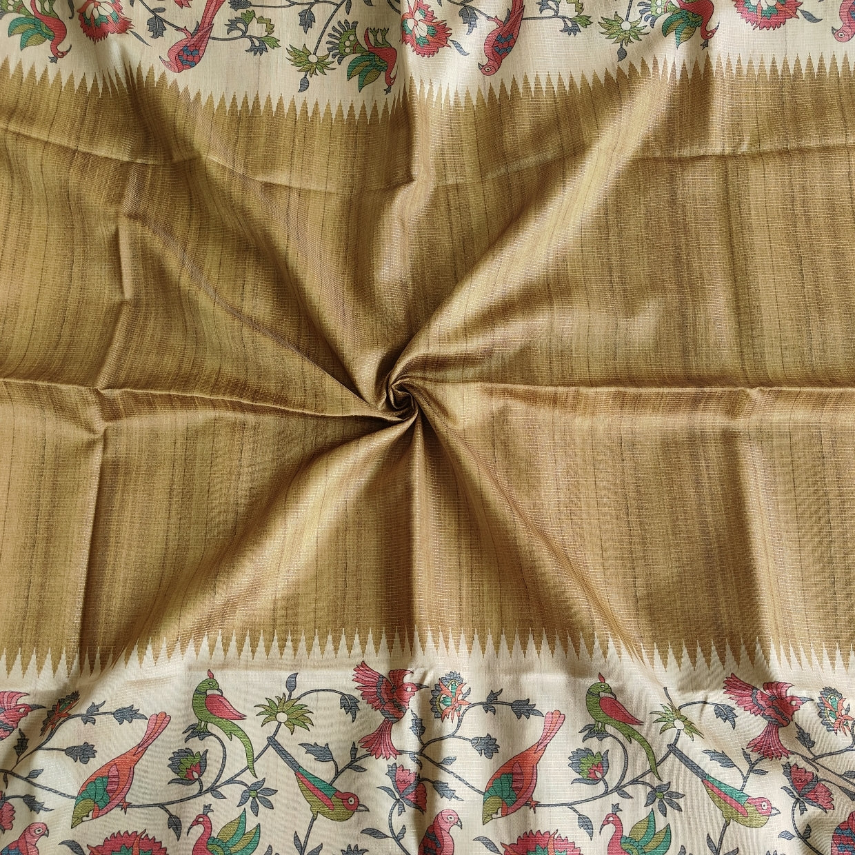 Beige Floral Bird Semi Tussar Saree 