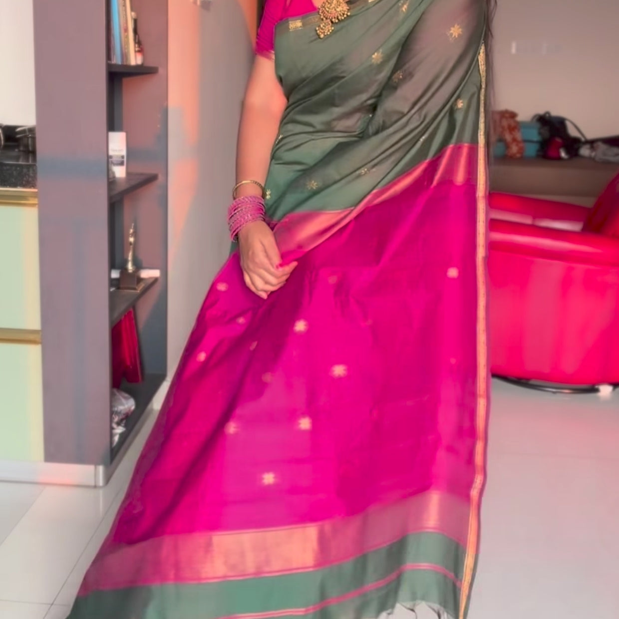 Dark Green with Pink Pure Cotton Saree