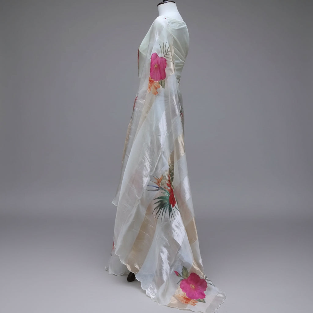 Off White Gold Stripes Floral Appliqué Pure Tissue Organza Saree