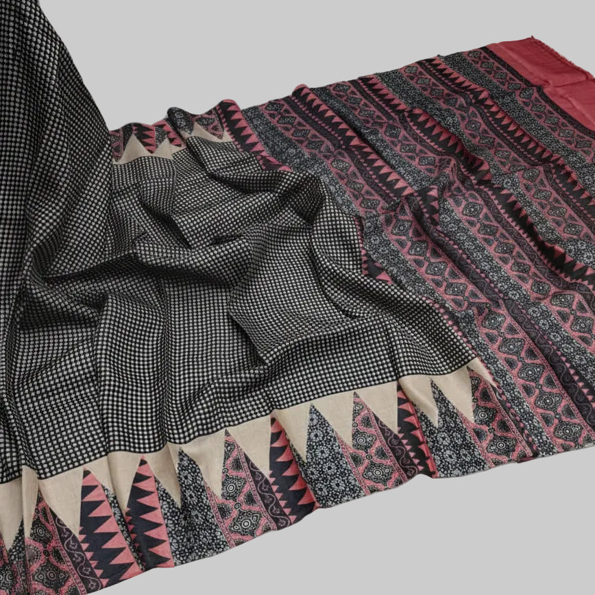Black Checks Ajrakh Border Pure Tussar Silk Saree