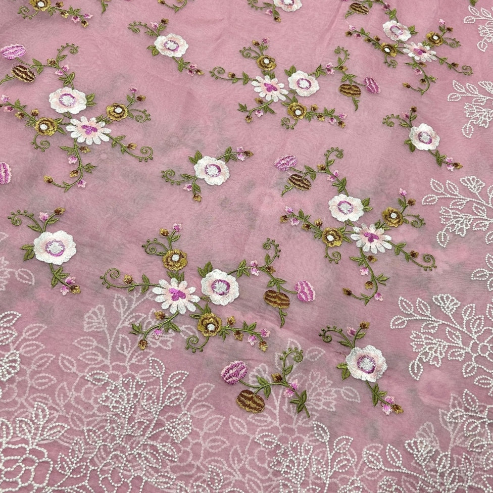 Pink Intricate Floral Embroidery Organza Saree