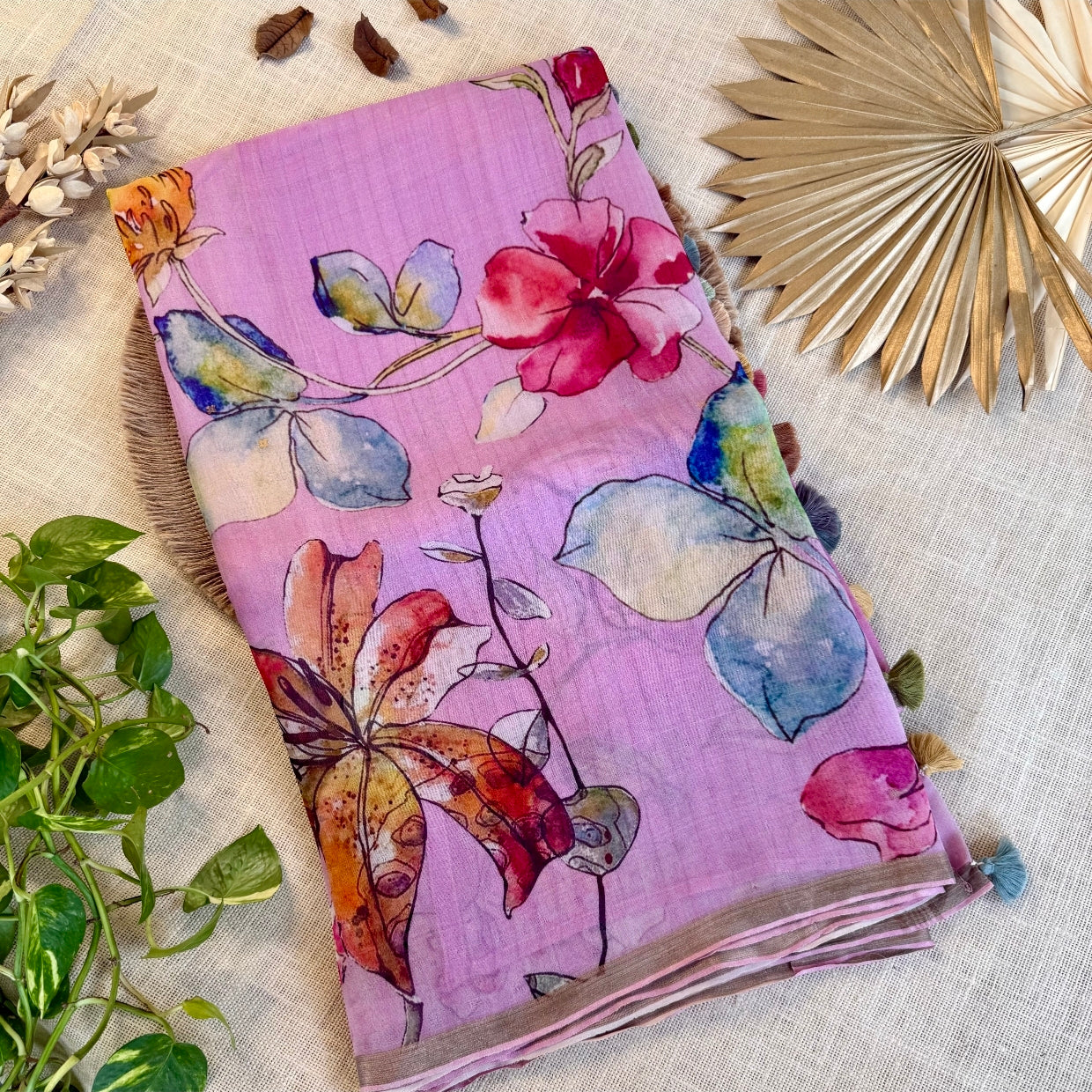 Pinkish Lavender Floral Digital Printed Muslin Sequin Silk