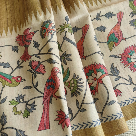 Beige Floral Bird Semi Tussar Saree 