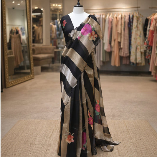Black Gold Stripes Floral Appliqué Pure Tissue Organza Saree