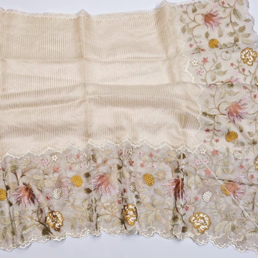 Ivory Pure Tissue with Organza Embroidery Silk Saree
