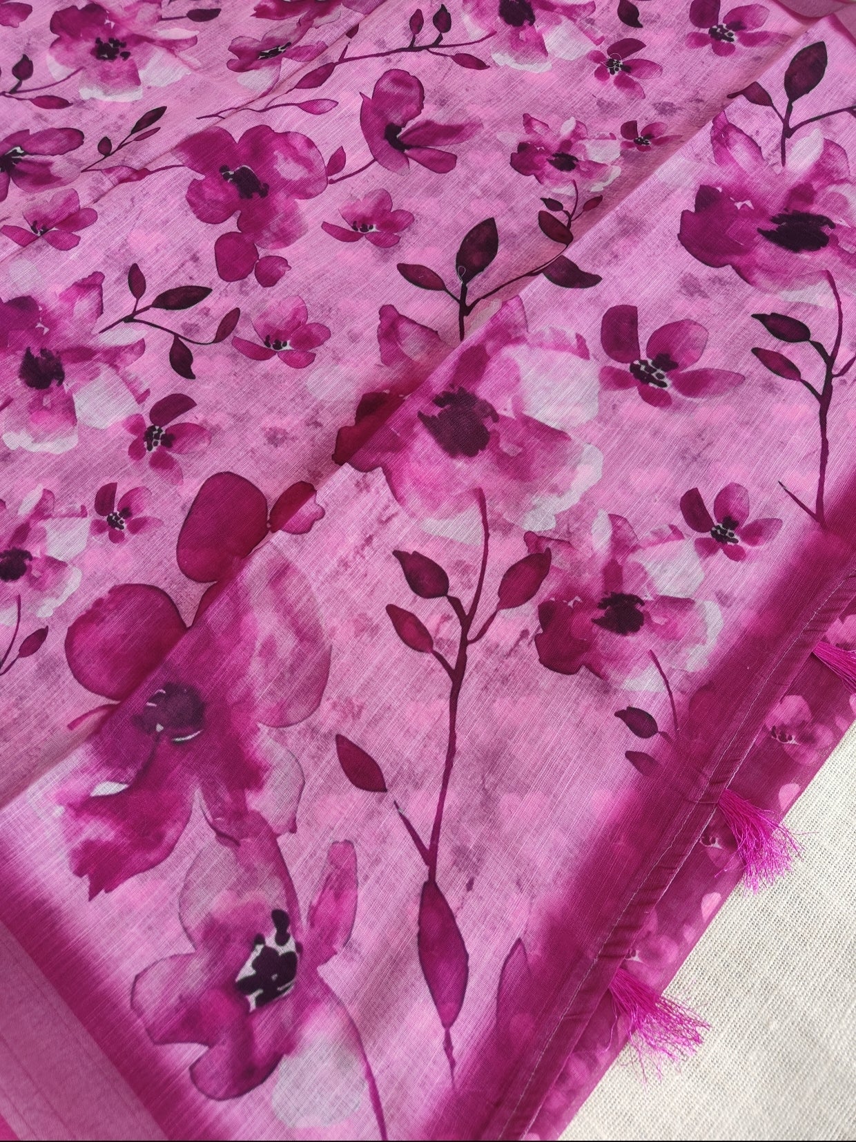 Magenta Floral Linen Saree