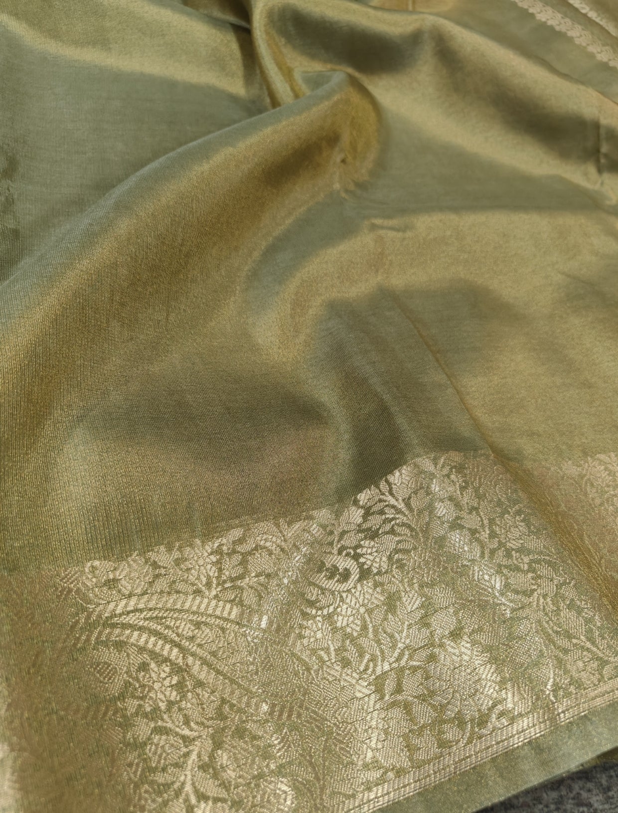 Olive Green Shimmer Banarasi Soft Tissue Silk Saree