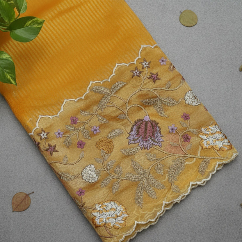 Yellow Pure Tissue with Organza Embroidery Silk Saree