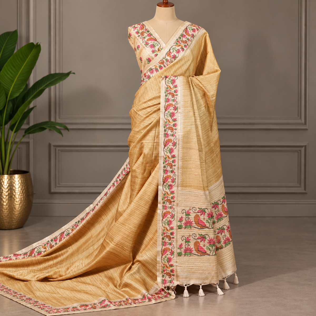 Sand Gold Pichwai  Semi Tussar Saree