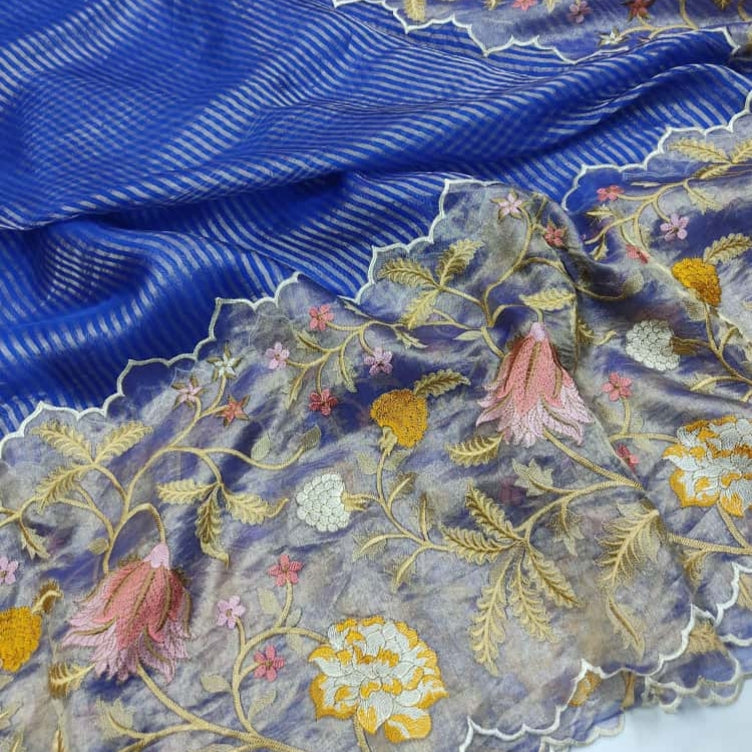 Royal Blue Pure Tissue with Organza Embroidery Silk Saree