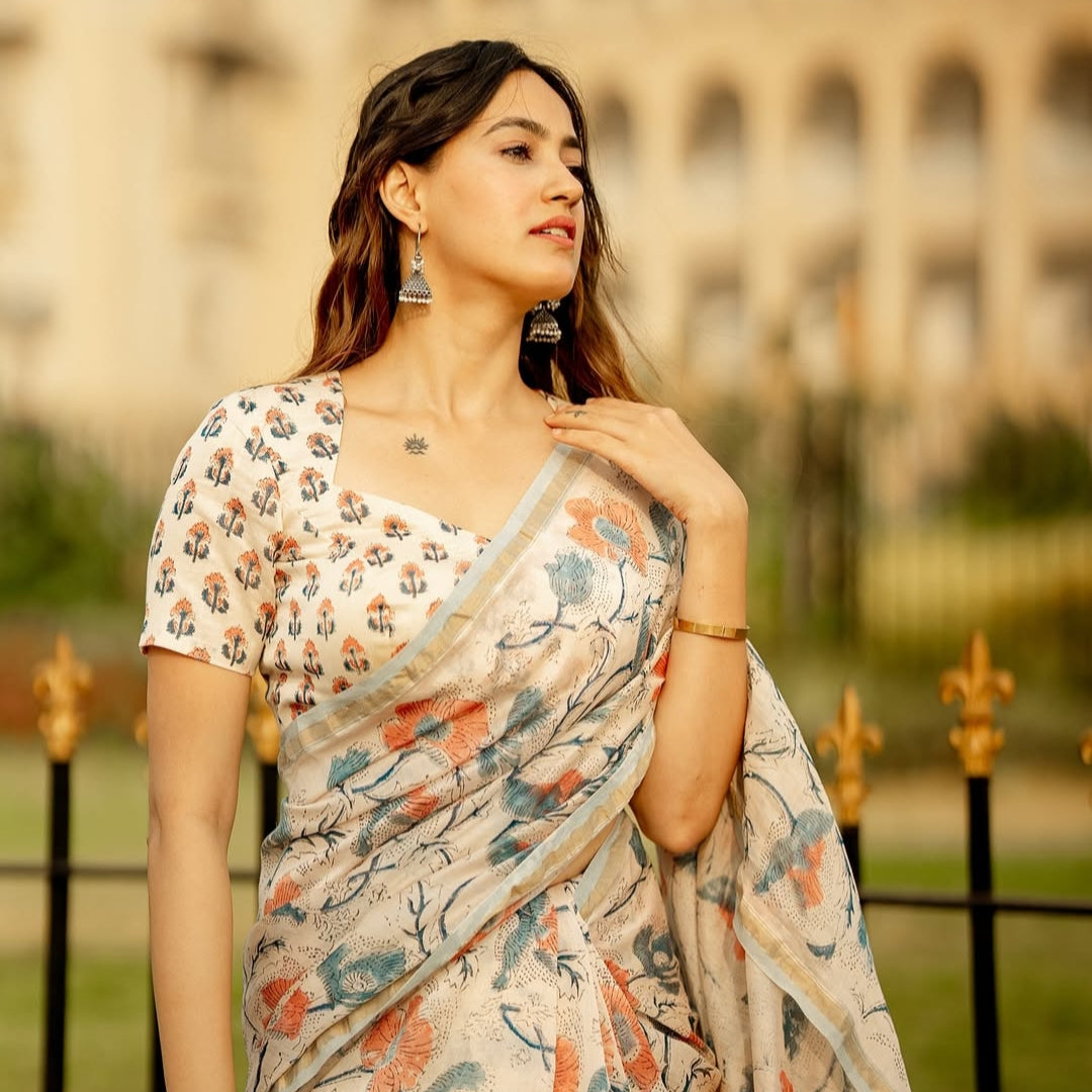 Off-White Floral Chanderi Silk Cotton Saree