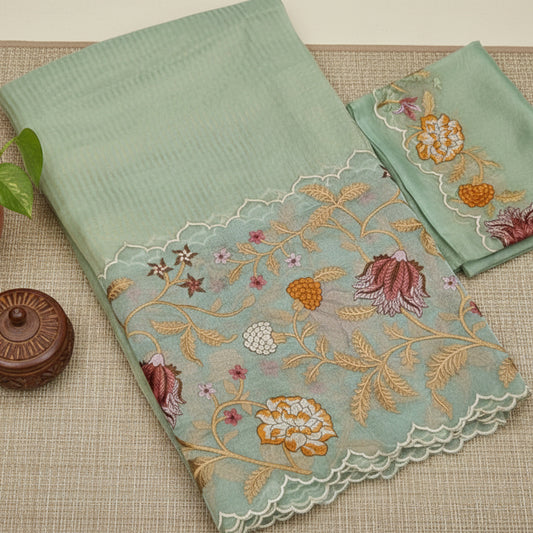 Pista Green Pure Tissue with Organza Embroidery Silk Saree