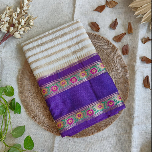 Off White Banarasi Stripes Semi Silk
