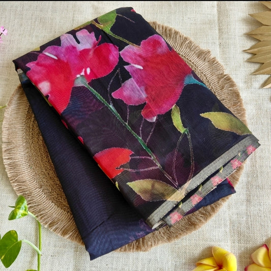 Black Chanderi Floral Print Saree