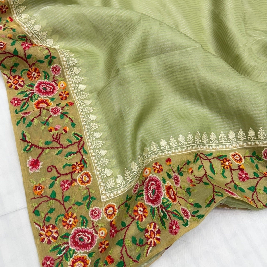 Pista Green Pure Tissue Petit Embroidery Saree