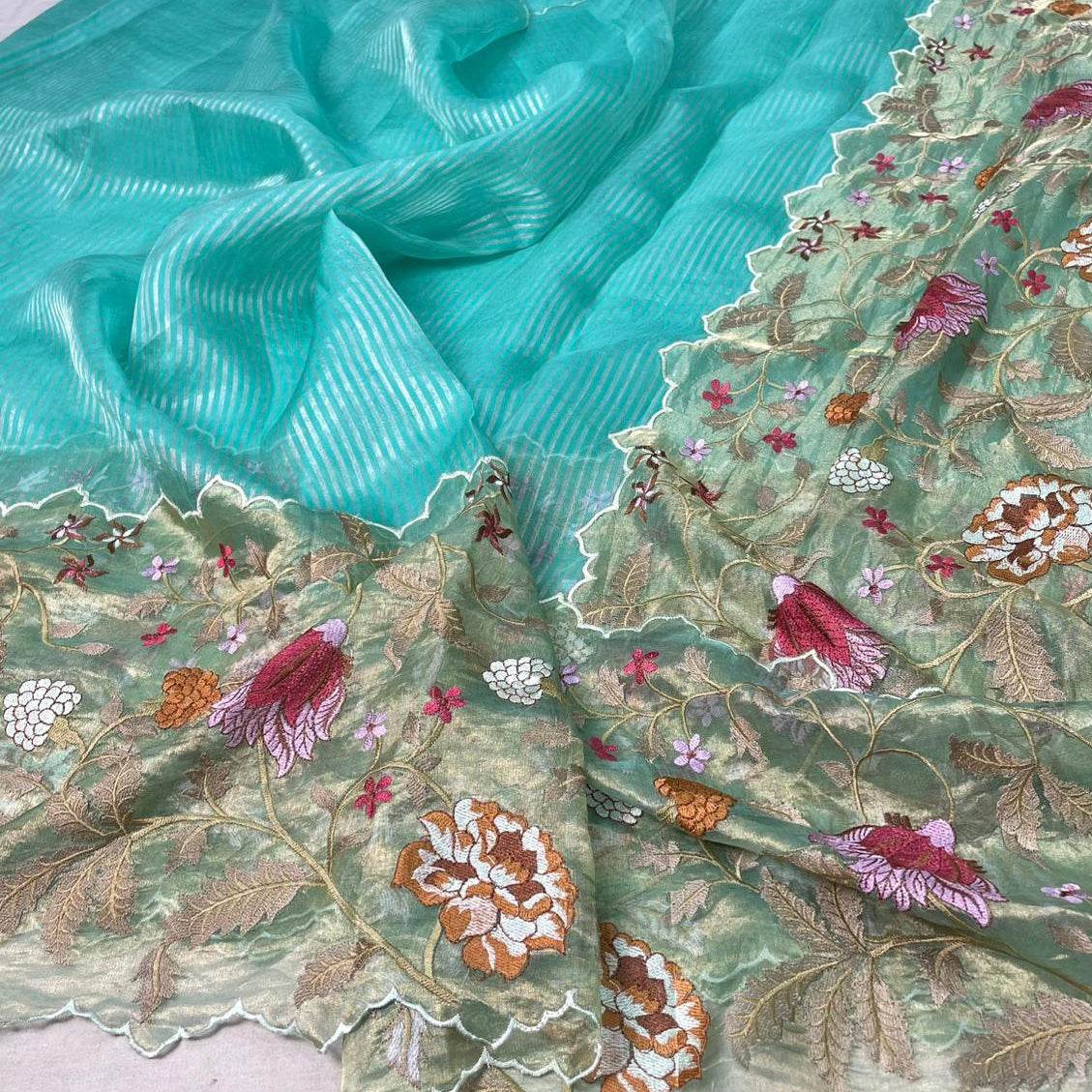 Sky Blue Pure Tissue Organza Embroidery Silk Saree