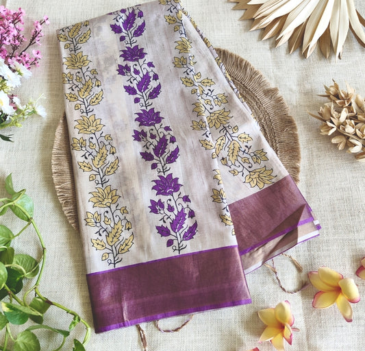 Purple Floral Semi Tussar Saree